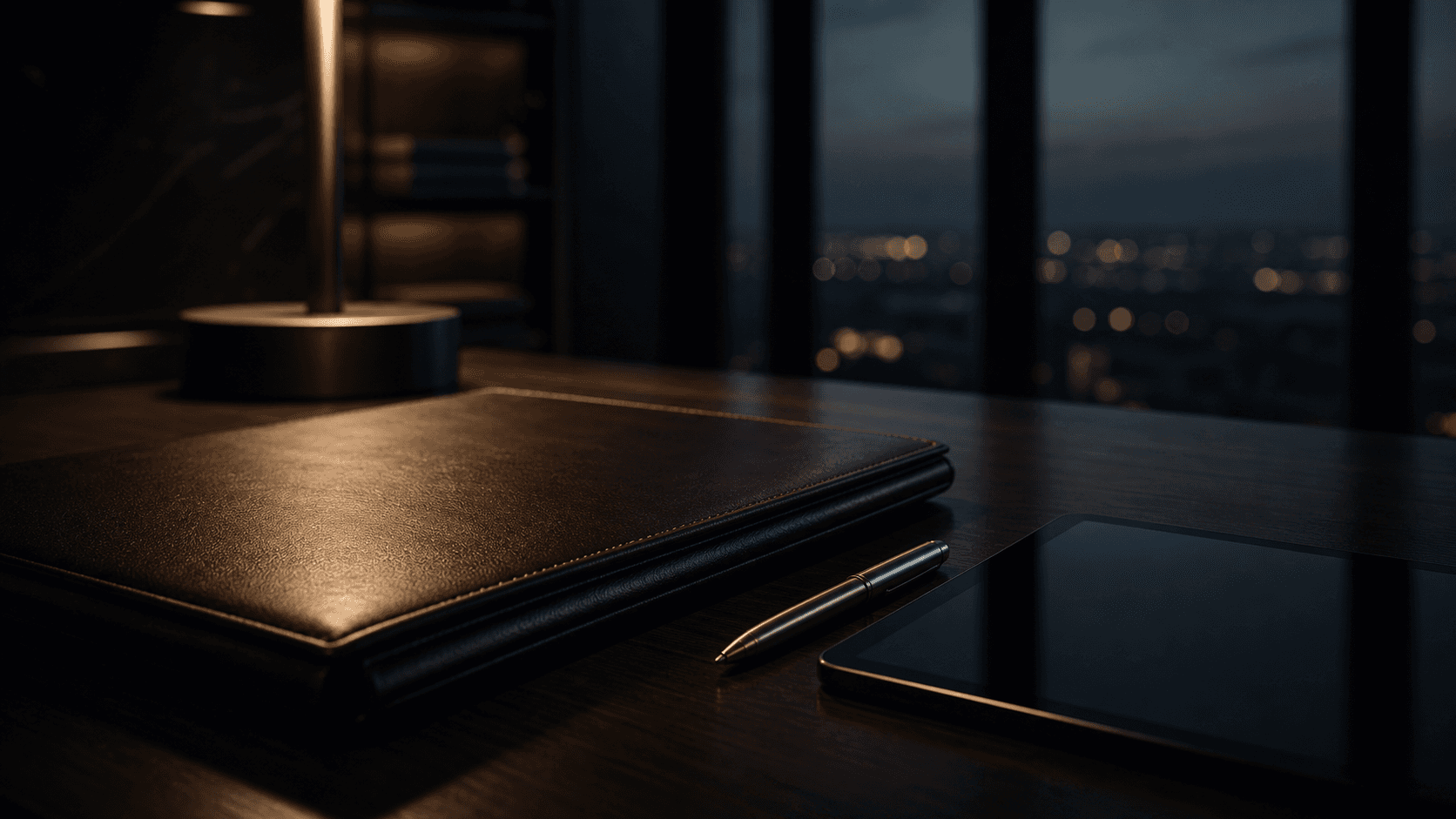 A quiet desk with a notebook, pen, tablet, and city lights beyond a window